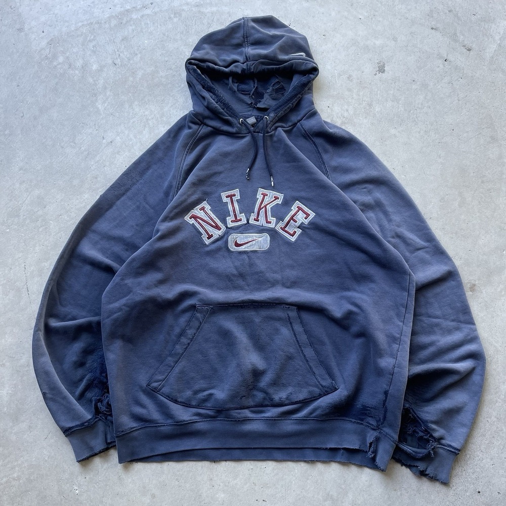 Vtg Nike Center Swoosh Hoodie Sweatshirt Mens XL Blue Red Embroidered Thrashed